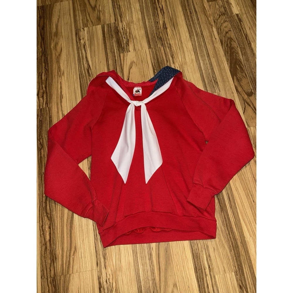 VTG Fruit of the Loom Women's L Large Sweatshirt USA Flag Hood Ribbon Tie